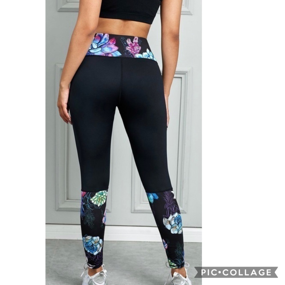 Black Floral Leggings/Workout Pants - Picture 3 of 4